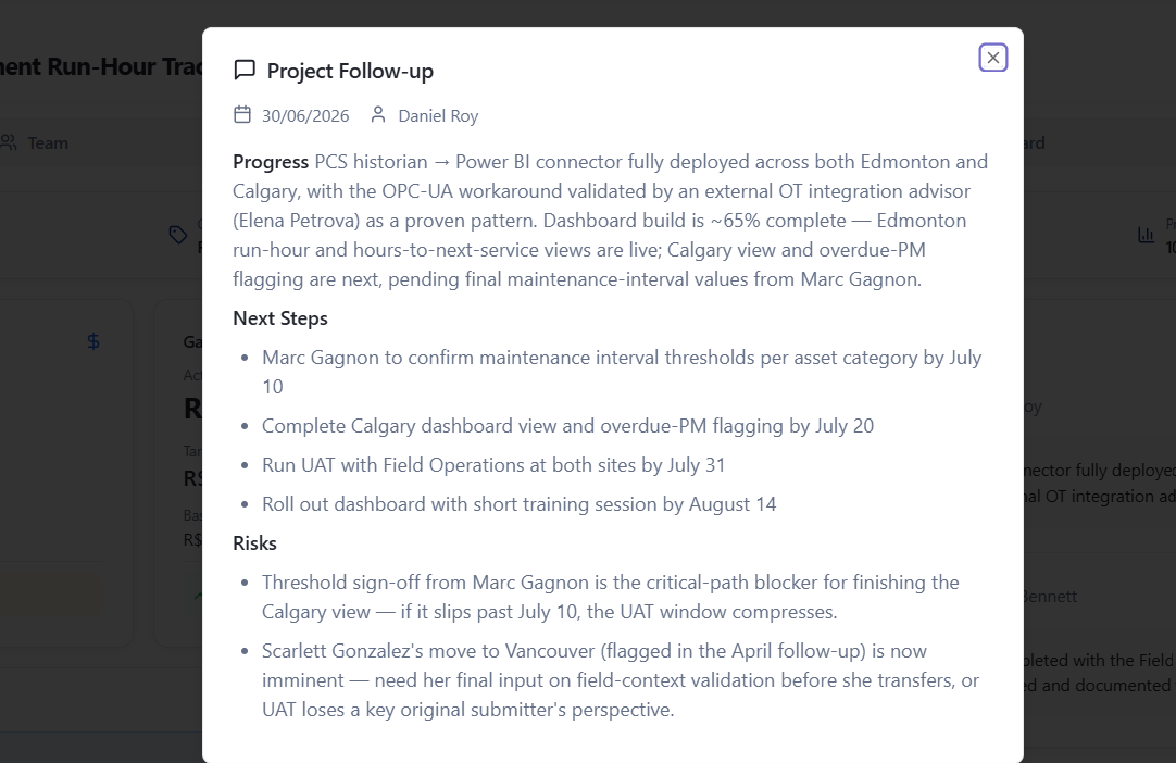 Project follow-up card showing progress summary, next steps, and risks from a project meeting